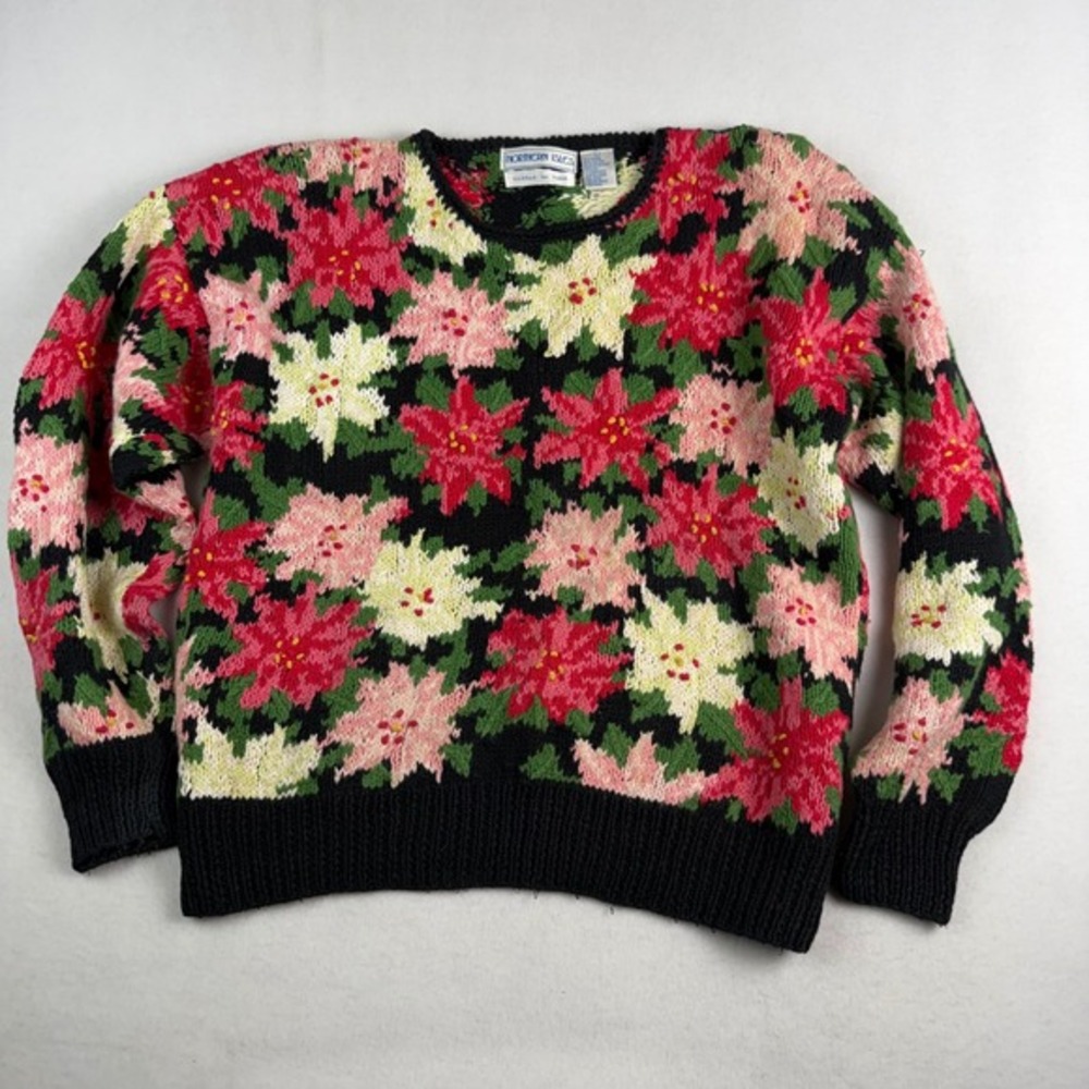 Northern Isles‎ Womens Hand Knit Poinsettia Floral Sweater Ramie Cotton L